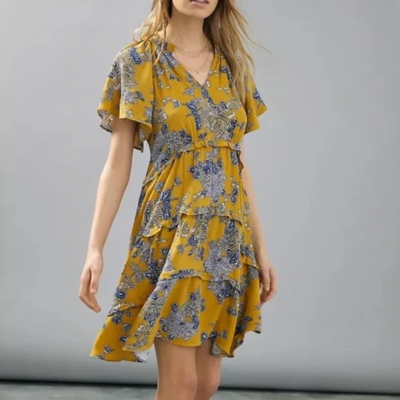 Anthropologie Robin Tiered Mustard Floral Ruffle Short Dress - Picture 1 of 4